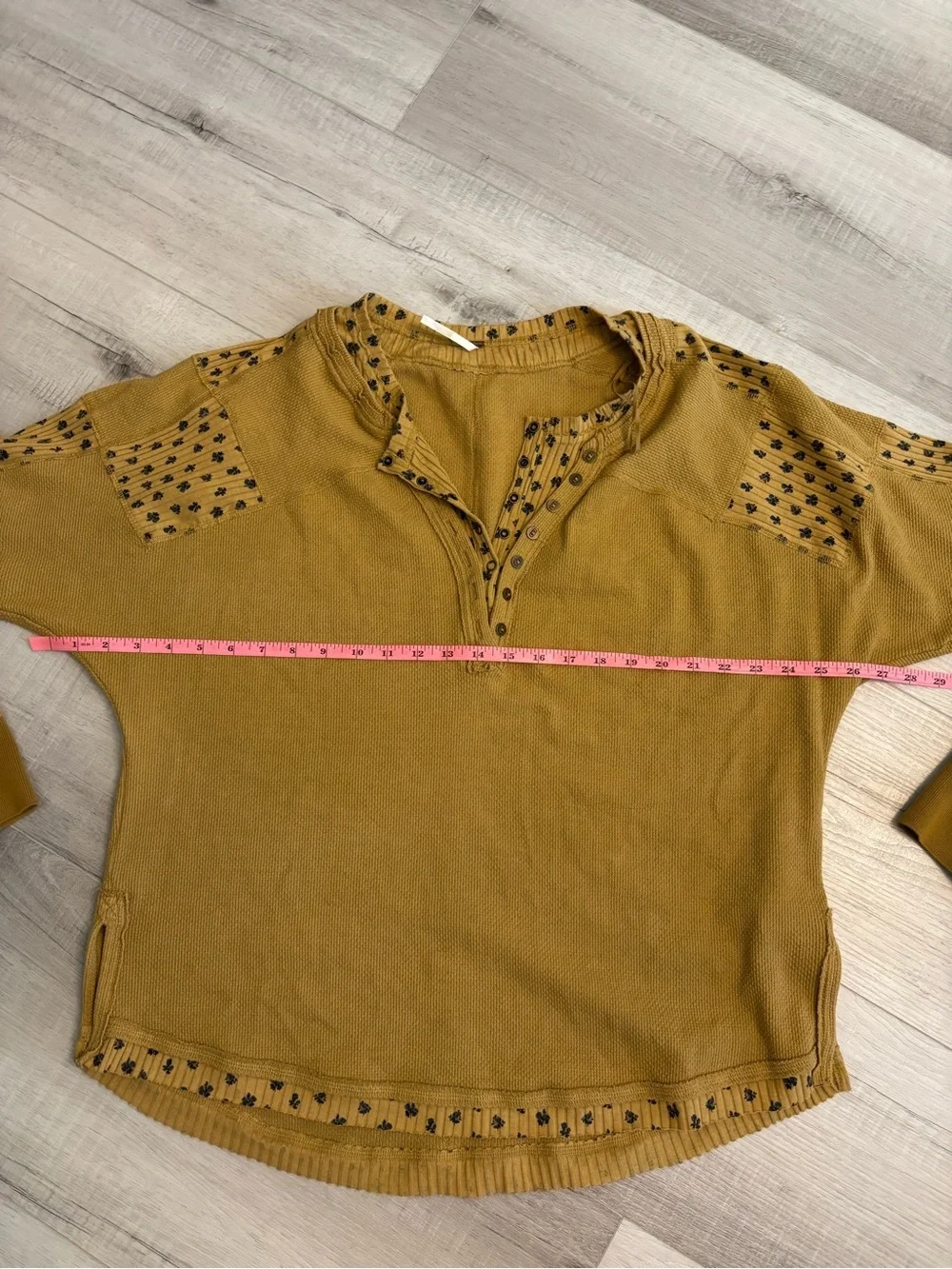 Free People Mustard Thermal Henley Top Floral Trim Oversized XL